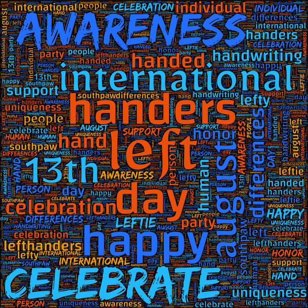 International Left-handers Day in word cloud collage illustration. Left Handers Day is observed annually on August 13 to celebrate uniqueness and differences of left-handed individuals - Photo, image