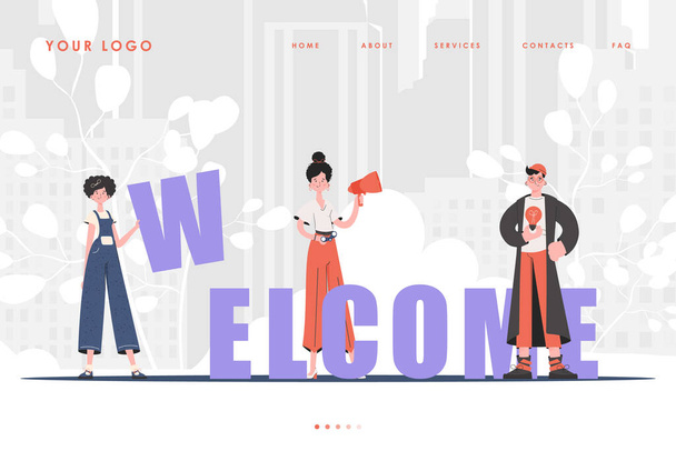 Welcome Landing Page Diversal Team of People Home страница для вашего сайта. Карикатурный стиль персонажа. Вектор. - Вектор,изображение