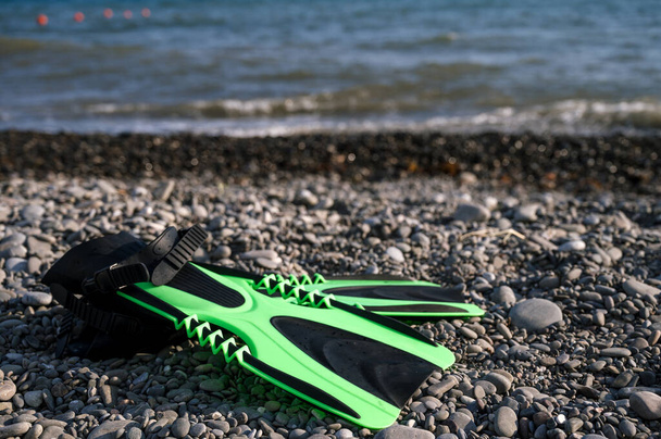 Fins on a pebble beach next to the sea. Summer vacation. - Foto, Bild