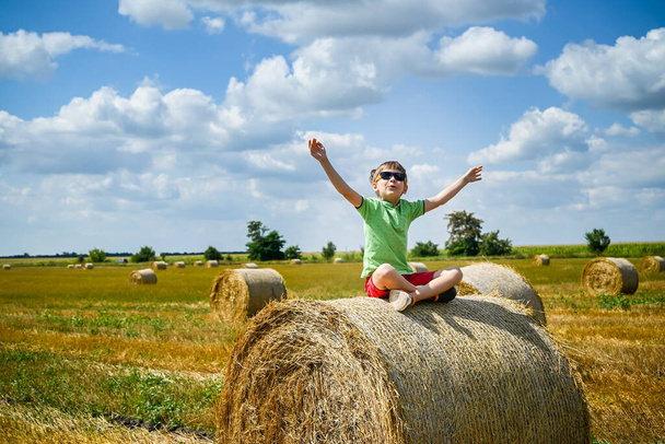 Little boy sits on a round haystack relaxed with hands up. Field with round bales after harvest under blue sky. Big round bales of straw, sheaves, haystacks. - Fotoğraf, Görsel