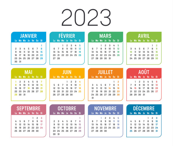Colorful year 2023 calendar, in French language, isolated on white background. Vector template. - Vector, Image