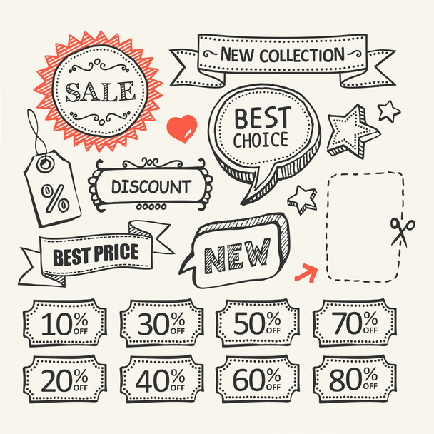 Sale tags. Shopping. A set of hand drawn elements. - Vektor, obrázek