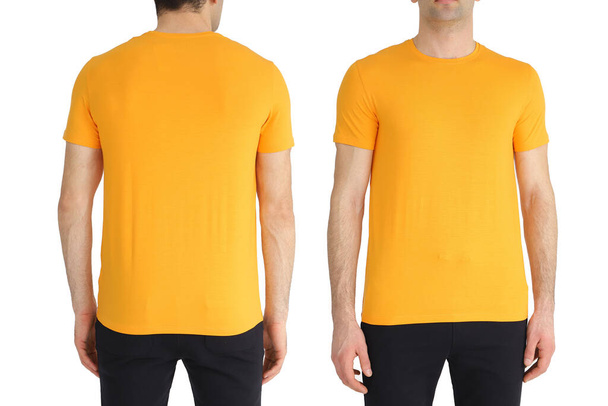 Orange T-shirt on two sides on a white isolated background, copy space - Fotoğraf, Görsel