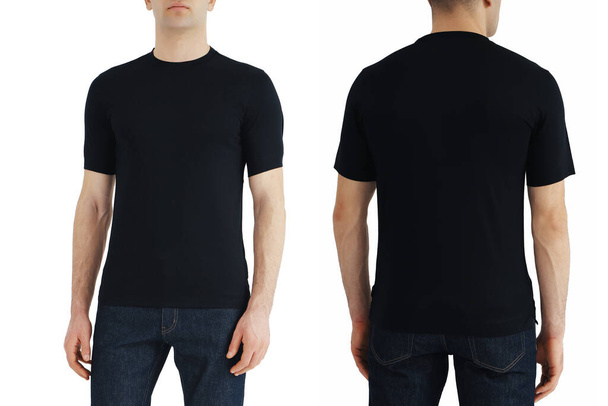 Black T-shirt on two sides on a white isolated background, copy space - Foto, Imagen