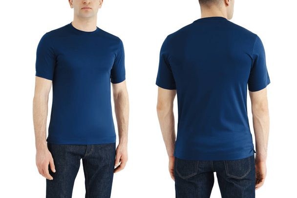 Μπλε T-shirt σε δύο πλευρές σε ένα λευκό απομονωμένο φόντο, αντίγραφο χώρου - Φωτογραφία, εικόνα