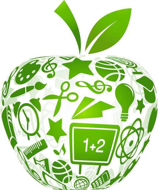 Back to school - apple with education icons - Vector, Image