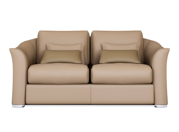 3D έπιπλα μπεζ δερμάτινος διπλός καναπές που απομονώνεται σε λευκό φόντο, Διακόσμηση Σχεδίαση για τη Ζωή., 3D Αποτύπωση - Φωτογραφία, εικόνα