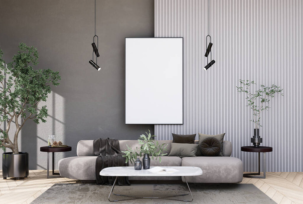mock up poster frame in modern interior fully furnished rooms background, living room, Scandinavian style, 3D rendering - Foto, imagen