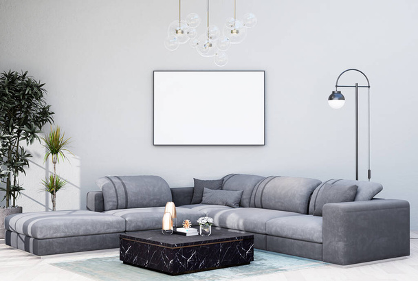 mock up poster frame in modern interior fully furnished rooms background, living room, 3D rendering - Photo, image