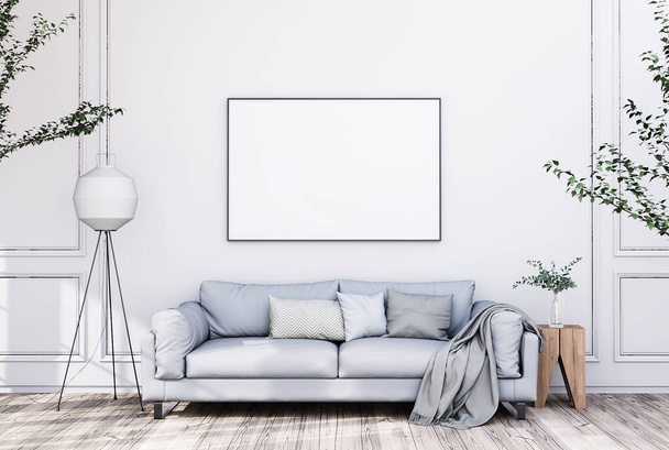 mock up poster frame in modern interior fully furnished rooms background, living room, 3D rendering - Photo, Image