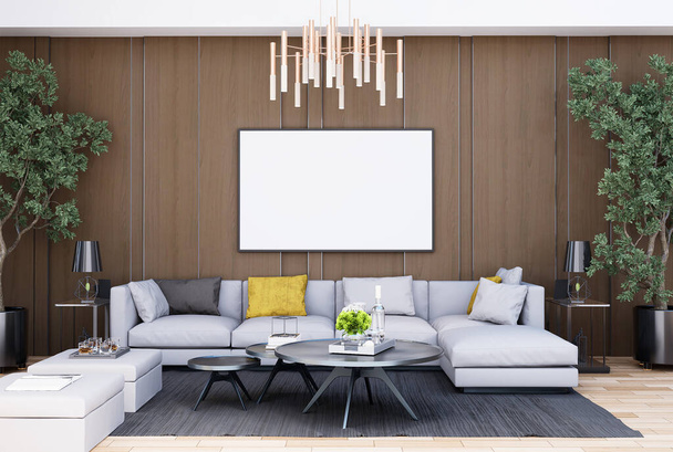 mock up poster frame in modern interior fully furnished rooms background, living room, 3D rendering - Photo, Image