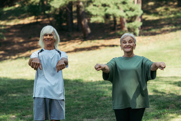 Веселая пожилая пара в спортивной одежде, тренирующаяся с протянутыми руками в парке  - Фото, изображение