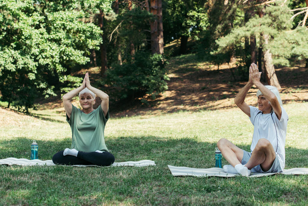 senior couple sitting in yoga pose with praying hands above heads practicing on fitness mats in green park - Fotoğraf, Görsel