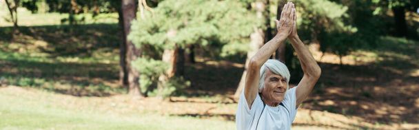 senior man with praying hands above head practicing yoga in green park, banner - Valokuva, kuva