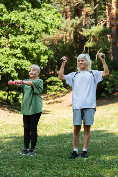 full length of cheerful senior couple in sportswear exercising with dumbbells in green park  - Foto, immagini