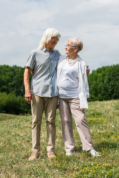 full length of happy senior husband and wife with grey hair standing and hugging on green hill in summer - Photo, Image