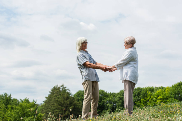 cheerful senior husband and wife with grey hair holding hands on green hill in summer - Fotó, kép