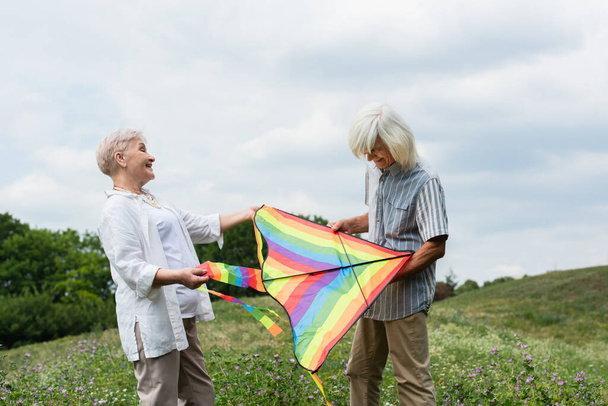 ευτυχισμένο ζευγάρι ηλικιωμένων σε casual ρούχα κρατώντας χαρταετό στο πράσινο λόφο  - Φωτογραφία, εικόνα