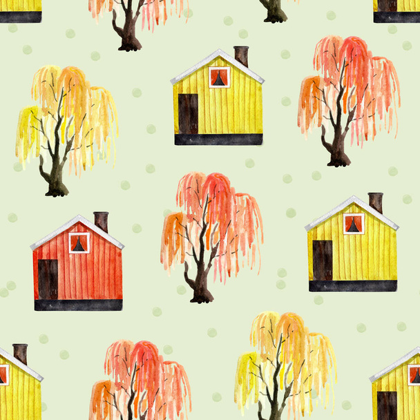 Bright scandinavian houses, willow, tree watercolor seamless pattern. Template for decorating designs and illustrations. - Fotoğraf, Görsel