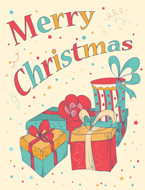 Marry Christmas Card with hand drawn gift boxes. - Vector, Imagen