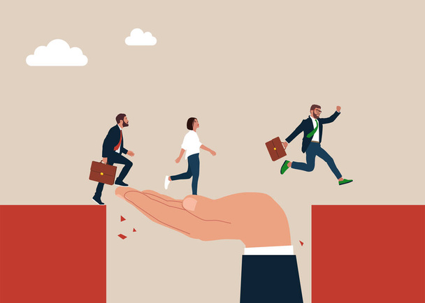 Giant hand help business people cross the problem gap. Support of help to solve problem, manager mentorship to help team success, leadership and achieve goal. - Vector, Imagen