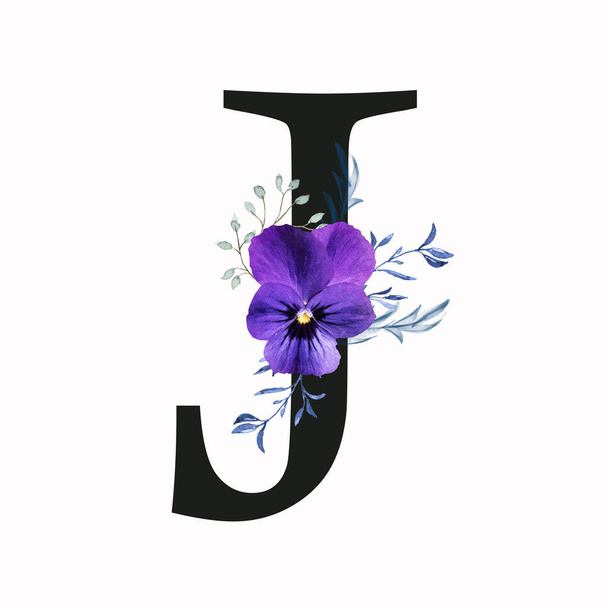 Capital letter J decorated with pansy flower and blue green leaves. Letter of the English alphabet with floral decoration. Floral letter. - Foto, immagini