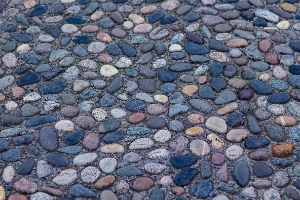 Massage stone walkway texture. A Textured Cobble Pavement, Reflexology. Pebble stones on the pavement for foot reflexology. The pebble stone floors. Nobody, copy space for text - Foto, afbeelding