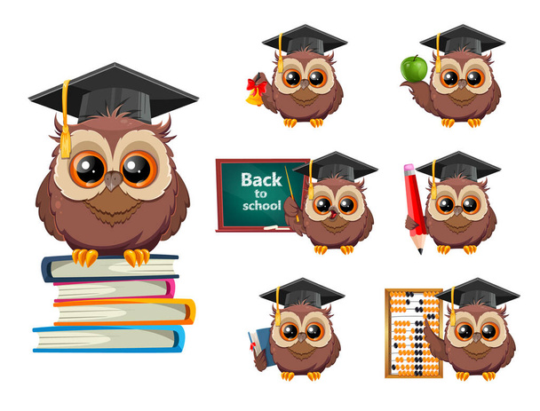 Wise owl in graduation cap, set of seven poses. Back to school greeting card. Cute owl cartoon character. Stock vector illustration - Vecteur, image