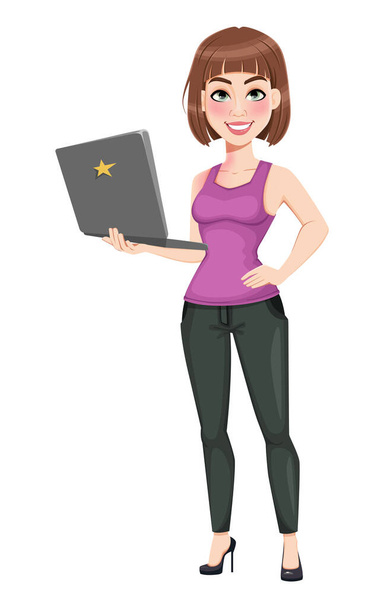 Beautiful business woman presenting laptop. Cute businesswoman cartoon character in casual clothes. Stock vector illustration - Vektor, kép