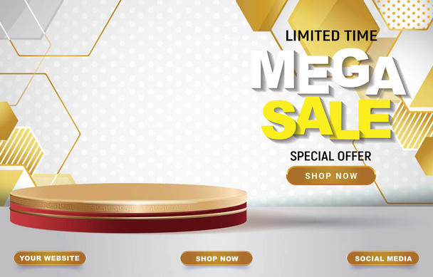 mega sale with blank space podium for product sale with white and golden background design - Vector, afbeelding