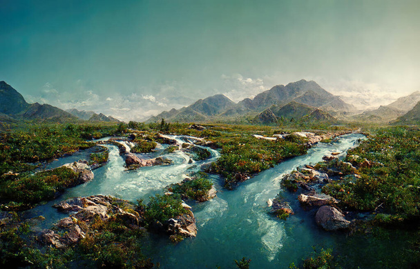 Digital painting of high angle view of a stream with mountains in the background. - Valokuva, kuva