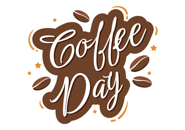 International Coffee Day on 1st October Hand Drawn Cartoon Flat Illustration with Cacao Beans and a Glass of Hot Drink Design - Vector, Imagen