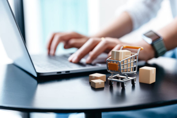 Parcel box in trolley on table with hand of young woman using laptop for shopping. - Photo, image