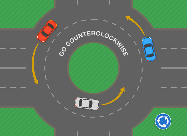 Safe driving tips and traffic regulation rules. Movement inside the roundabout. Go counterclockwise. Top view. Flat vector illustration template. - Wektor, obraz