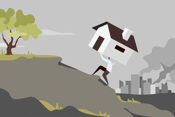 Conceptuele illustratie van een persoon, afkomstig uit een vervuilde stad, die een heuvel beklimt met zijn huis op zijn hoofd - Vector, afbeelding