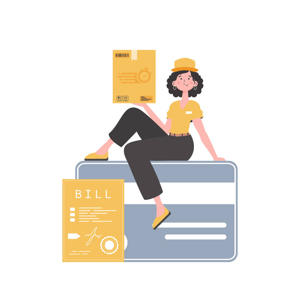 A woman courier sits on a bank card and holds a box. Delivery concept. Isolated. Cartoon style. Vector. - Vektor, Bild