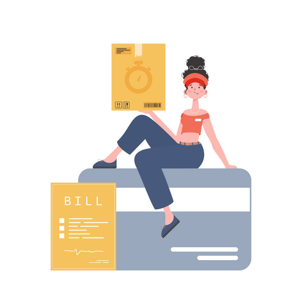 A woman courier sits on a bank card and holds a box. Home delivery concept. Isolated. Cartoon style. Vector. - Vector, Image