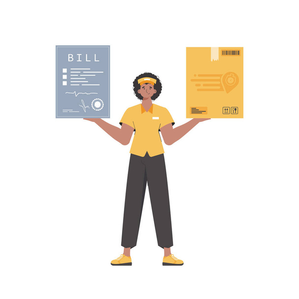 The male courier is holding a box and a check. Home delivery concept. Isolated. Trendy flat style. Vector. - Vektör, Görsel