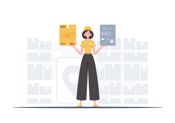 Home products. Food delivery. A woman courier is holding a box and a check. trendy style. Vector. - Vecteur, image