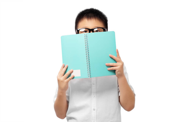 Kid with eyeglasses hiding face behide book and looking at camera isolated on white background - Foto, immagini