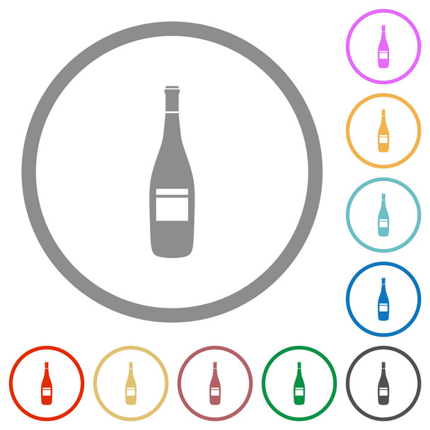 Botella de vino con iconos de color plano de uvas en contornos redondos sobre fondo blanco - Vector, Imagen