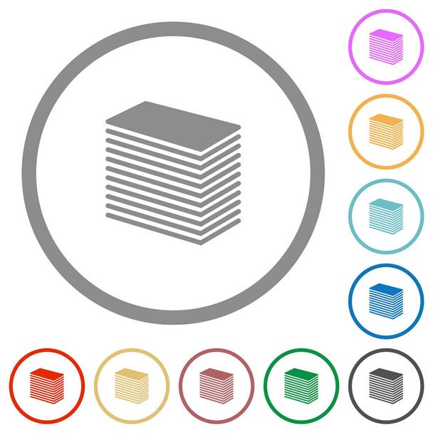 Paper stack solid flat color icons in round outlines on white background - Vector, Image