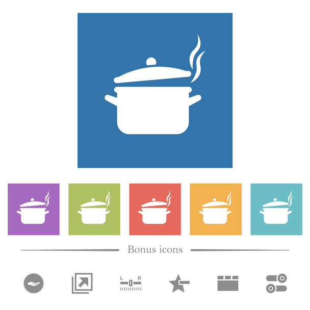 Steaming pot with lid flat white icons in square backgrounds. 6 bonus icons included. - Vector, Imagen