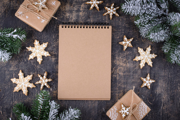 Christmas composition with empty craft notebook. New year resolution or to do list concept - Fotoğraf, Görsel