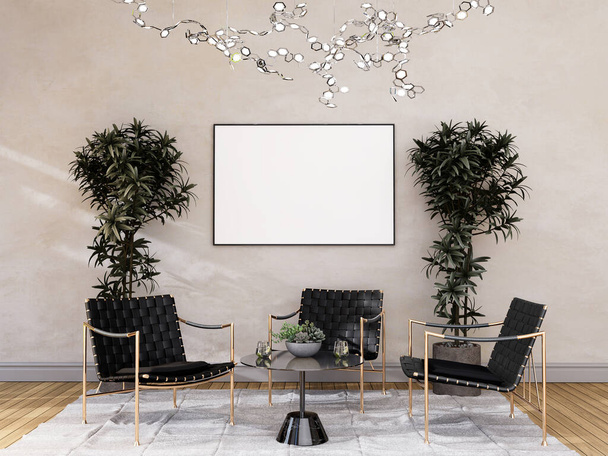mock up poster frame in modern interior fully furnished rooms background, living room, 3D rendering - Fotoğraf, Görsel