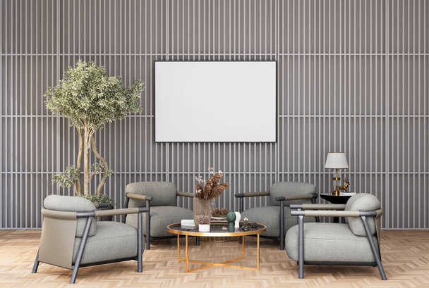 mock up poster frame in modern interior fully furnished rooms background, living room, 3D rendering - Zdjęcie, obraz