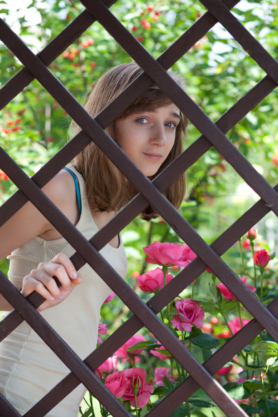 Teenage girl behind a fence - Foto, Imagen