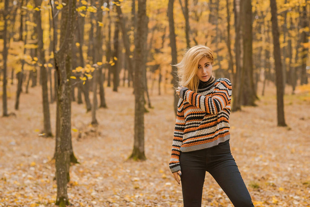 Осеннее время, женщина в теплой одежде, новая коллекция, черно-оранжевый свитер и темный наряд - Фото, изображение