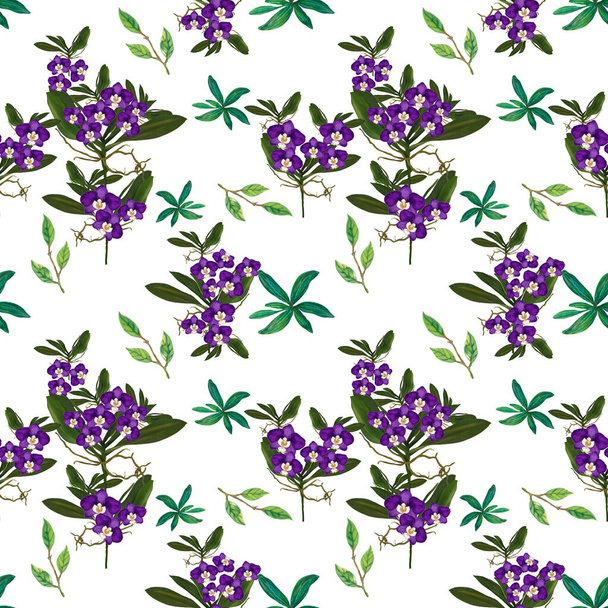 Orchid flowers, leaves, branches foliage Floral ancient seamless pattern. illustration watercolor hand paint For design textiles, paper, wallpaper, backdrop - Photo, image