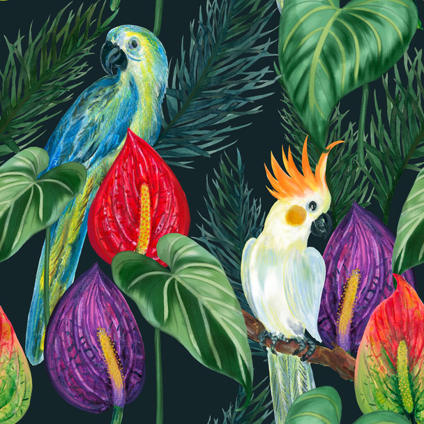 Безшовний тропічний екзотичний візерунок з пальмовим листям, диким листям, рослиною Антуріум, птахом папуги, птахом кокосового горіха, ботанічною ілюстрацією тропічних лісів
 - Фото, зображення